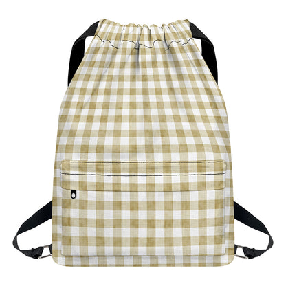 Beige And White Gingham Pattern Print Drawstring Backpack