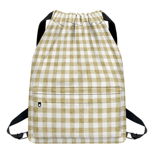 Beige And White Gingham Pattern Print Drawstring Backpack
