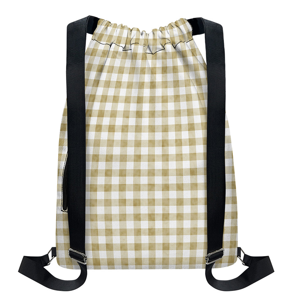 Beige And White Gingham Pattern Print Drawstring Backpack