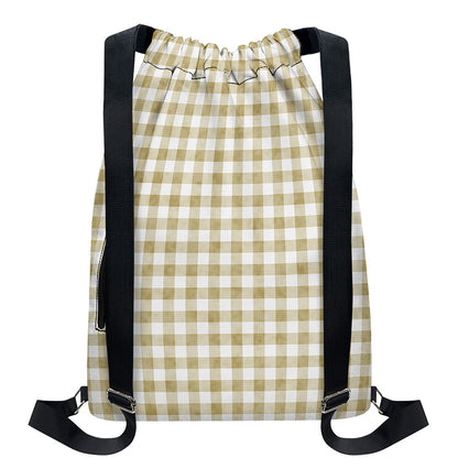 Beige And White Gingham Pattern Print Drawstring Backpack