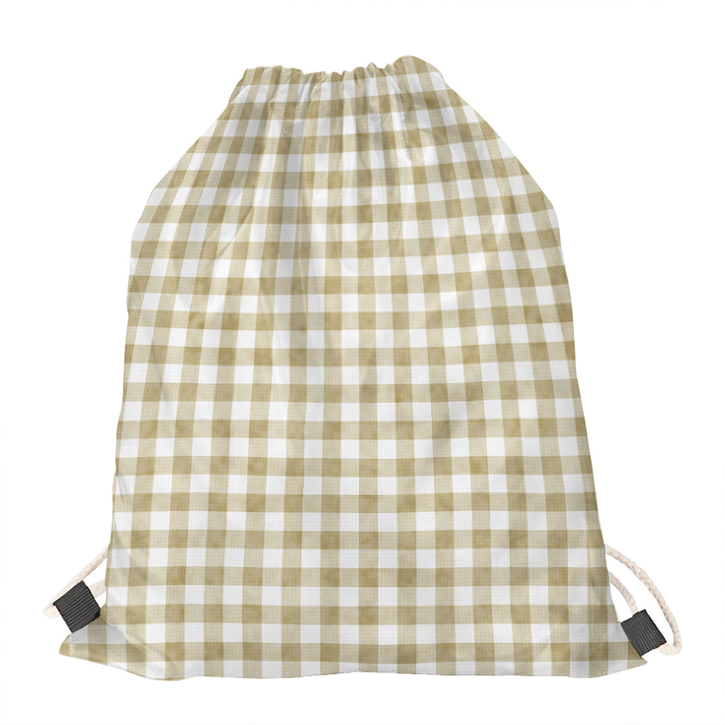 Beige And White Gingham Pattern Print Drawstring Bag