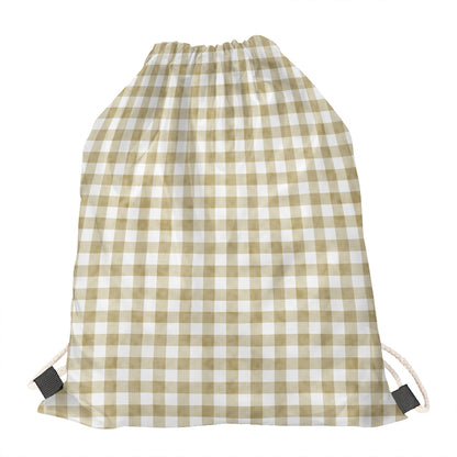 Beige And White Gingham Pattern Print Drawstring Bag