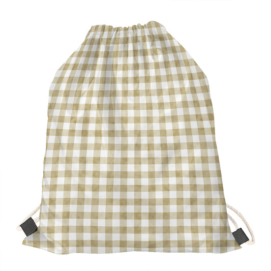 Beige And White Gingham Pattern Print Drawstring Bag