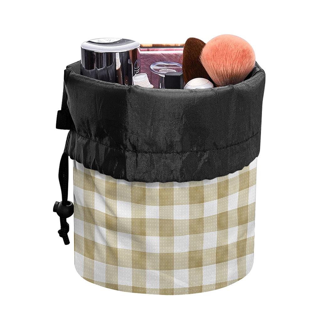 Beige And White Gingham Pattern Print Drawstring Makeup Bag