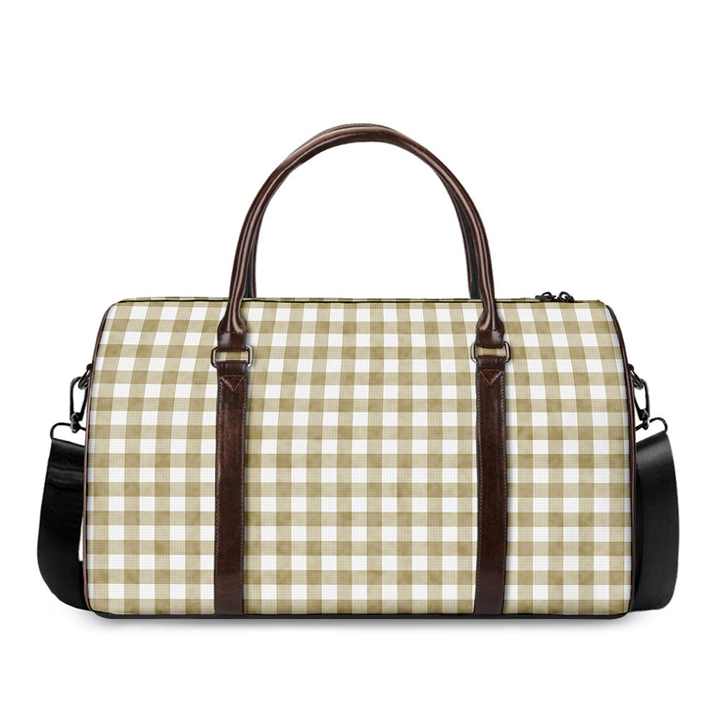 Beige And White Gingham Pattern Print Duffle Bag