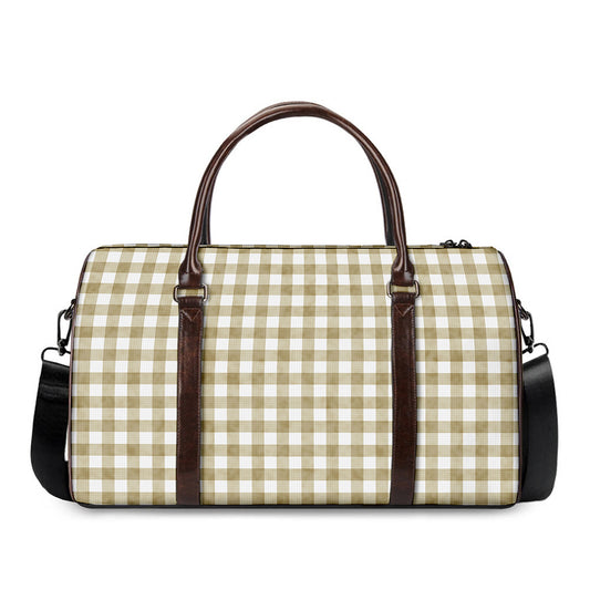 Beige And White Gingham Pattern Print Duffle Bag