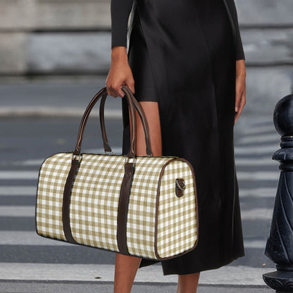 Beige And White Gingham Pattern Print Duffle Bag