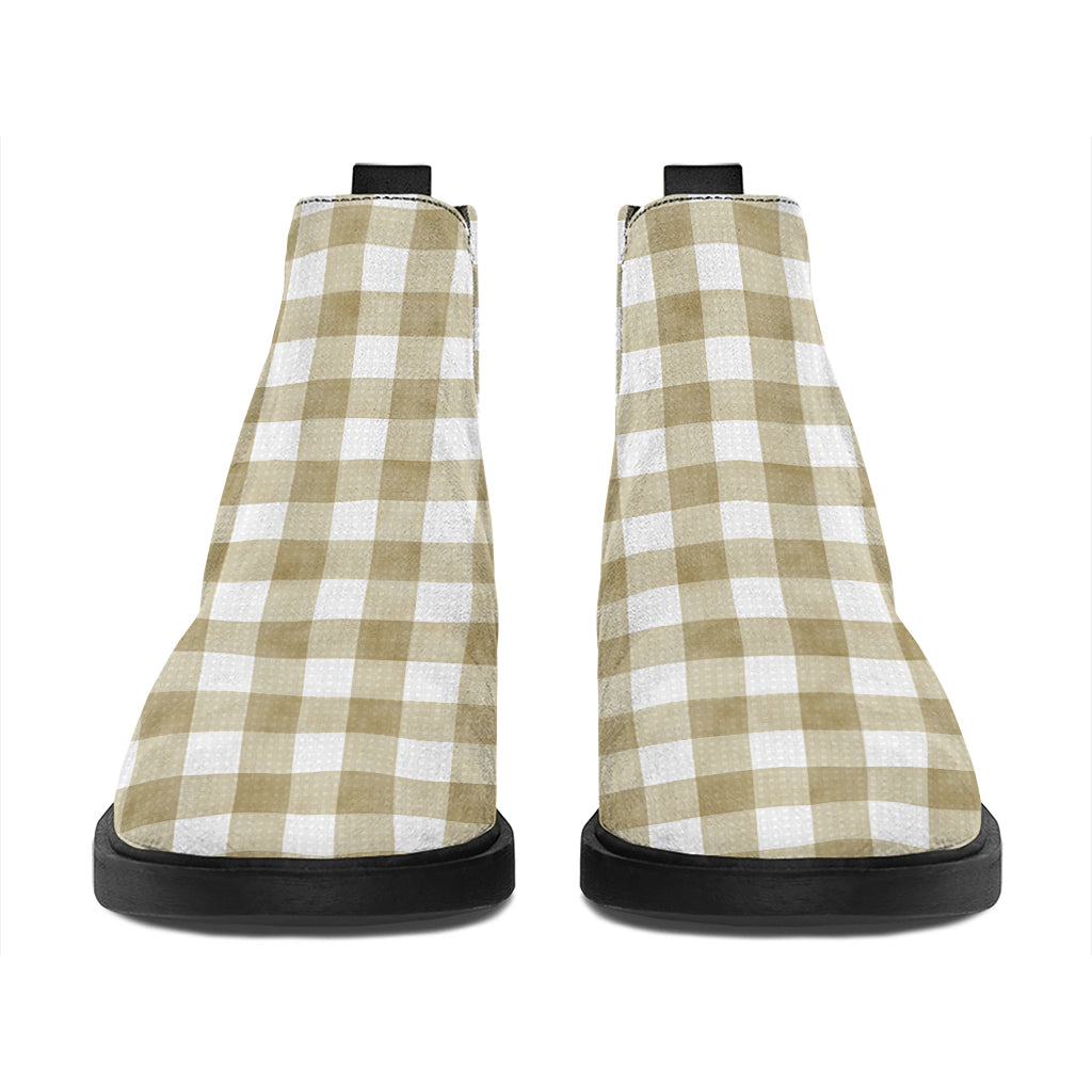Beige And White Gingham Pattern Print Flat Ankle Boots