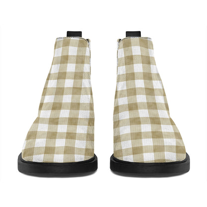 Beige And White Gingham Pattern Print Flat Ankle Boots