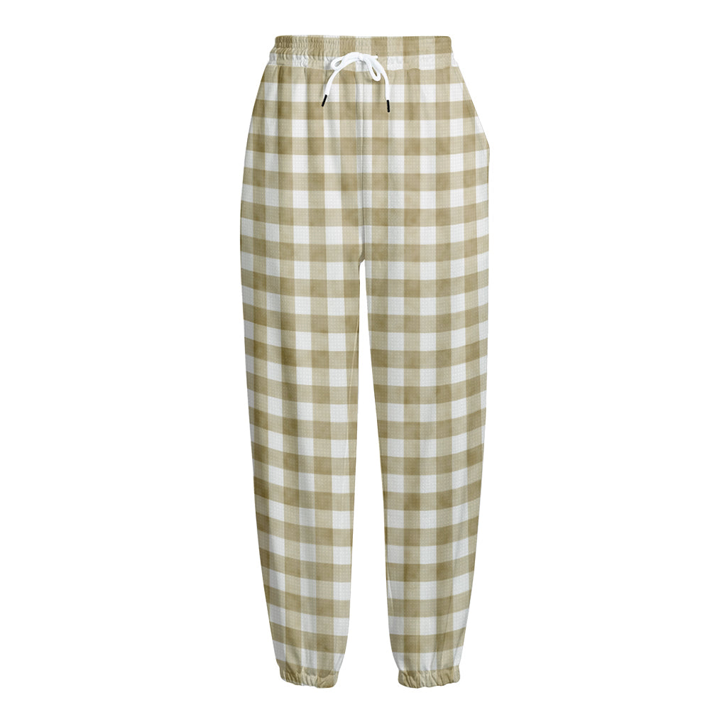 Beige And White Gingham Pattern Print Fleece Lined Knit Pants