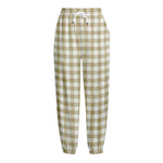 Beige And White Gingham Pattern Print Fleece Lined Knit Pants