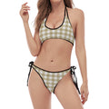 Beige And White Gingham Pattern Print Halter Scoop Tie Side Bikini