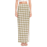 Beige And White Gingham Pattern Print High Slit Maxi Skirt