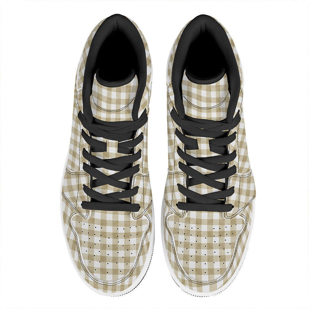 Beige And White Gingham Pattern Print High Top Leather Sneakers