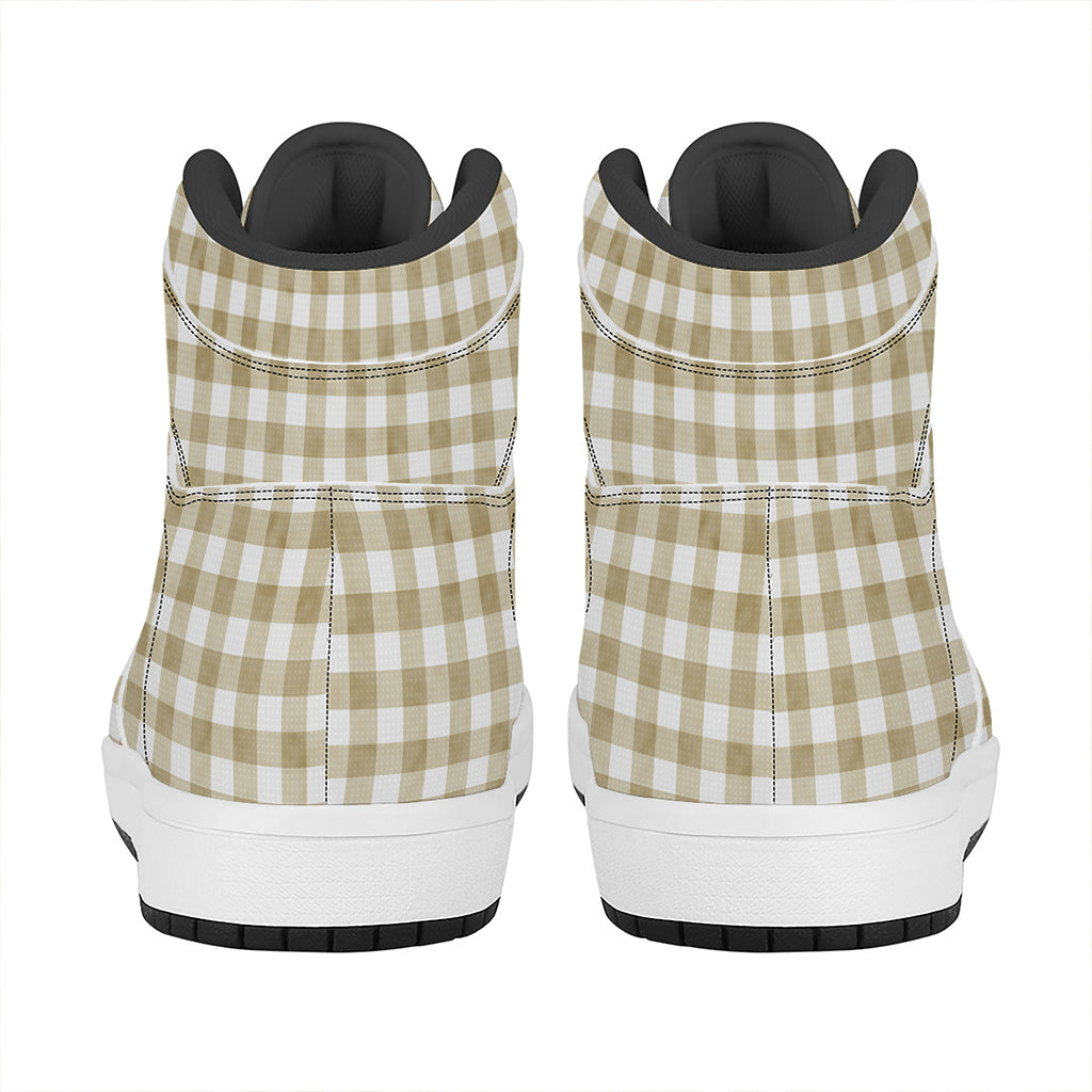 Beige And White Gingham Pattern Print High Top Leather Sneakers