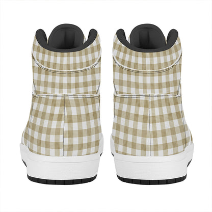 Beige And White Gingham Pattern Print High Top Leather Sneakers
