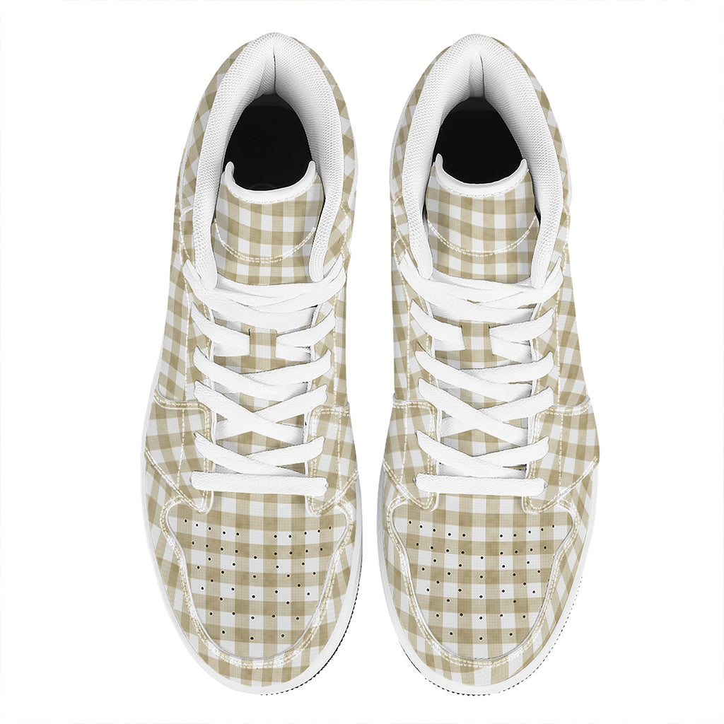 Beige And White Gingham Pattern Print High Top Leather Sneakers