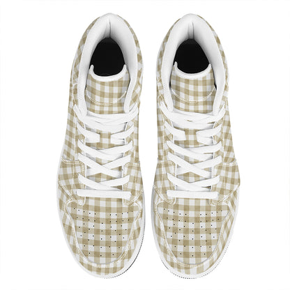 Beige And White Gingham Pattern Print High Top Leather Sneakers