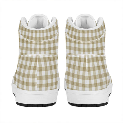 Beige And White Gingham Pattern Print High Top Leather Sneakers