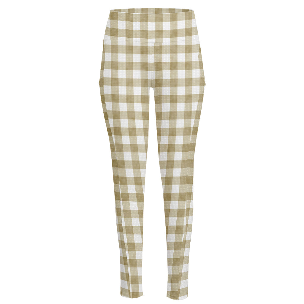 Beige And White Gingham Pattern Print High-Waisted Pocket Leggings