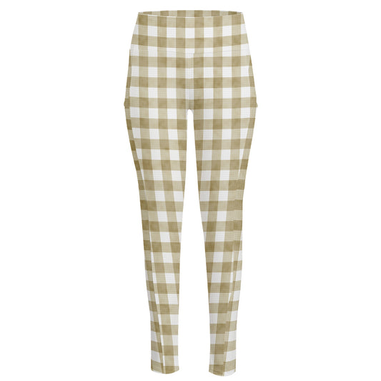 Beige And White Gingham Pattern Print High-Waisted Pocket Leggings