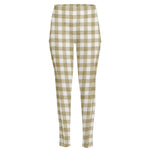 Beige And White Gingham Pattern Print High-Waisted Pocket Leggings