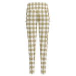 Beige And White Gingham Pattern Print High-Waisted Pocket Leggings
