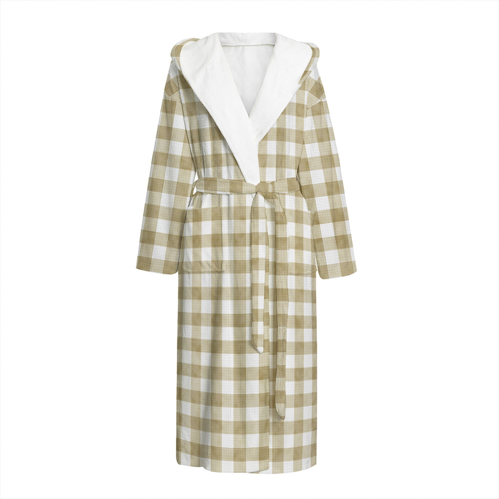 Beige And White Gingham Pattern Print Hooded Bathrobe