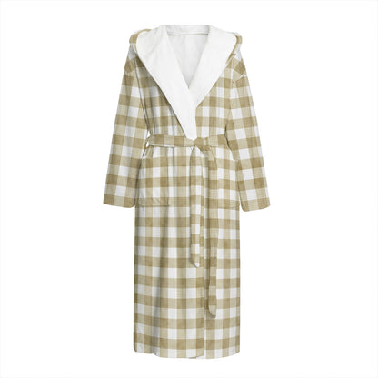 Beige And White Gingham Pattern Print Hooded Bathrobe
