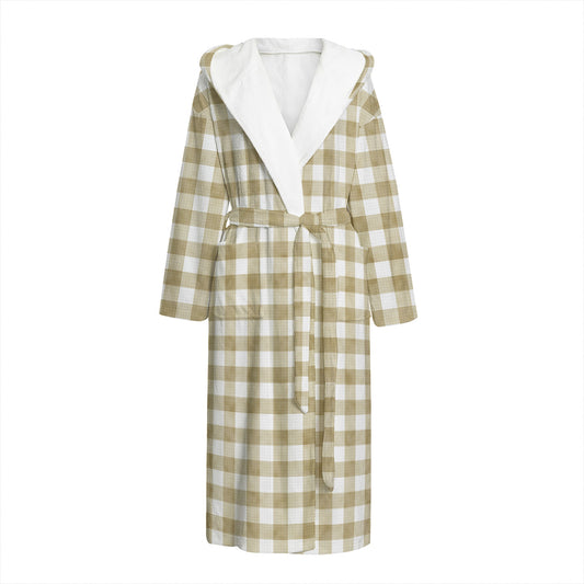 Beige And White Gingham Pattern Print Hooded Bathrobe