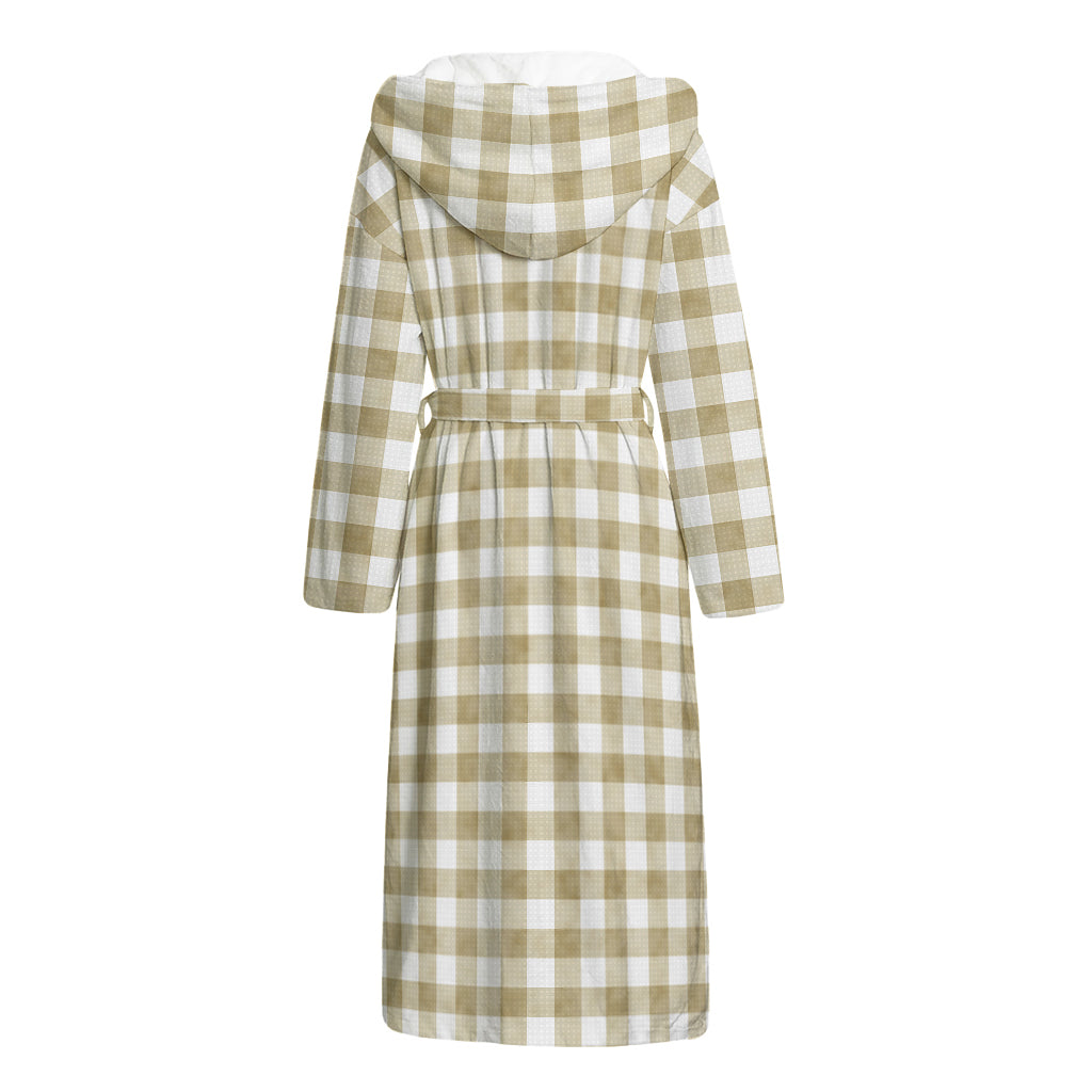 Beige And White Gingham Pattern Print Hooded Bathrobe