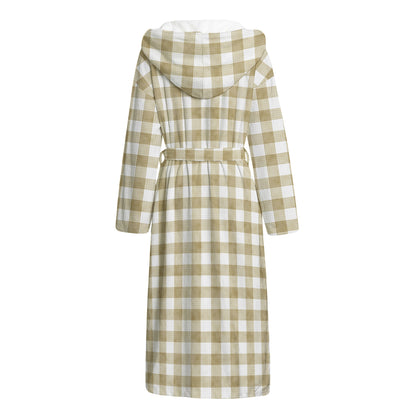 Beige And White Gingham Pattern Print Hooded Bathrobe