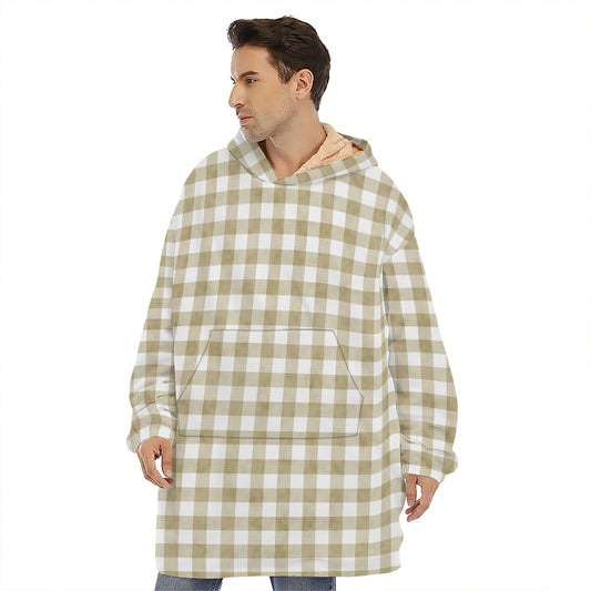 Beige And White Gingham Pattern Print Hoodie Blanket