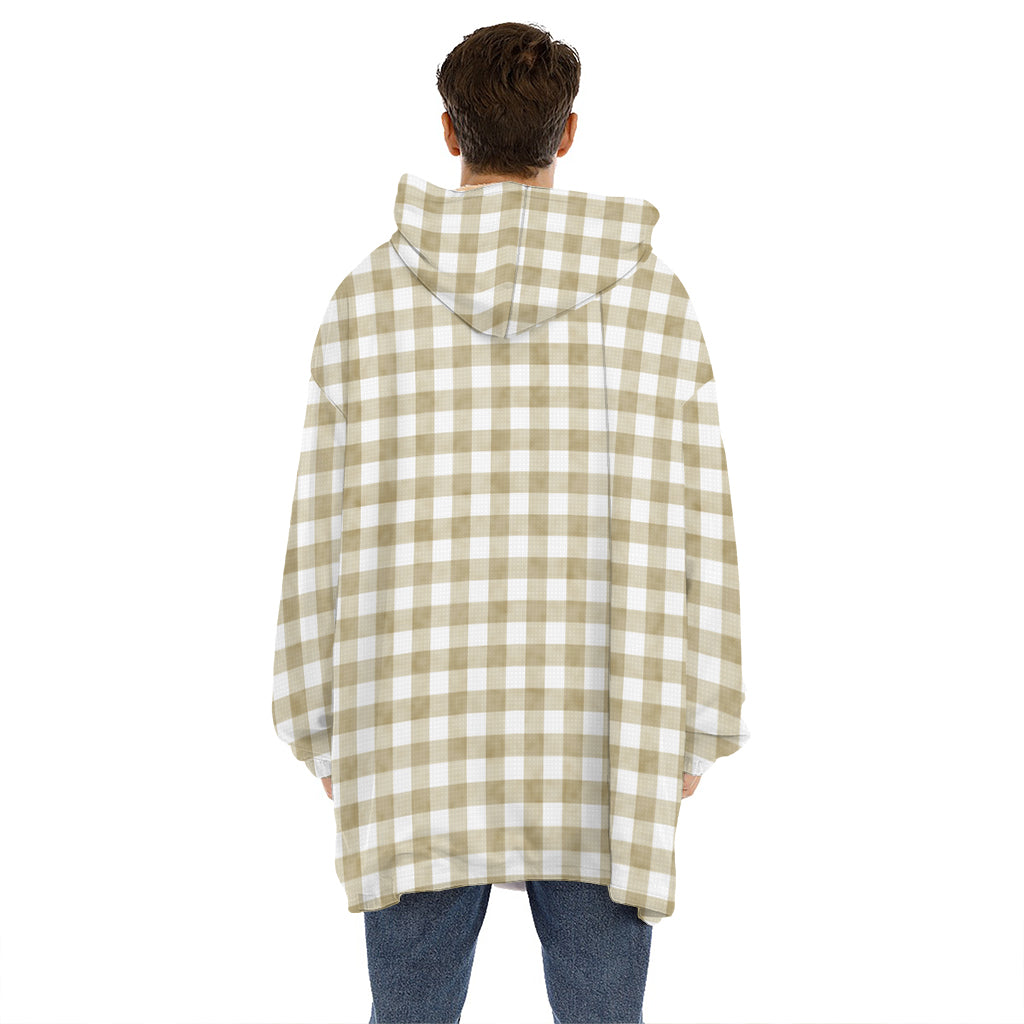 Beige And White Gingham Pattern Print Hoodie Blanket