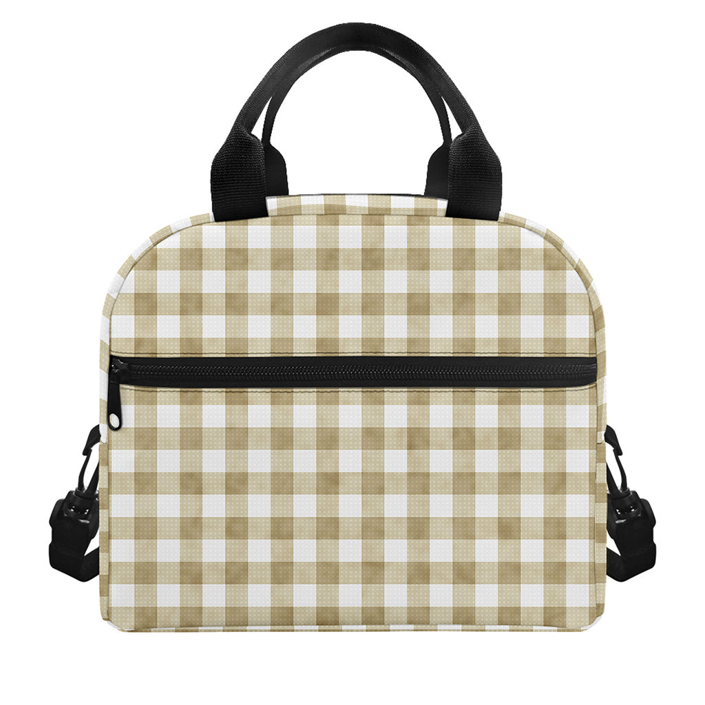 Beige And White Gingham Pattern Print Insulated Lunch Bag