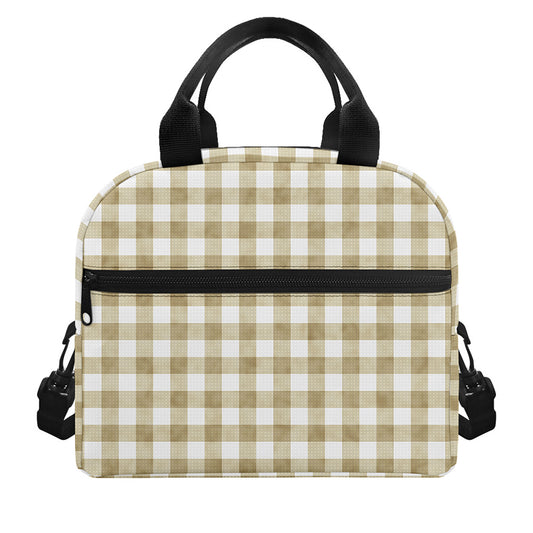 Beige And White Gingham Pattern Print Insulated Lunch Bag