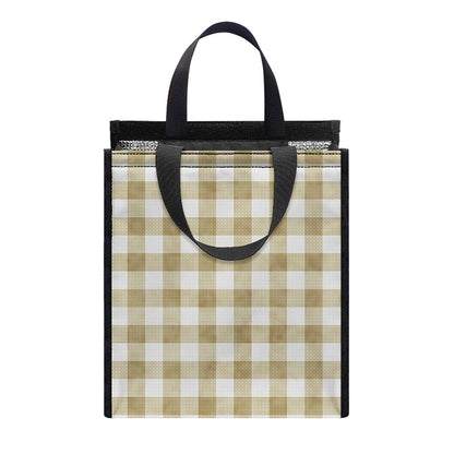 Beige And White Gingham Pattern Print Insulated Lunch Tote