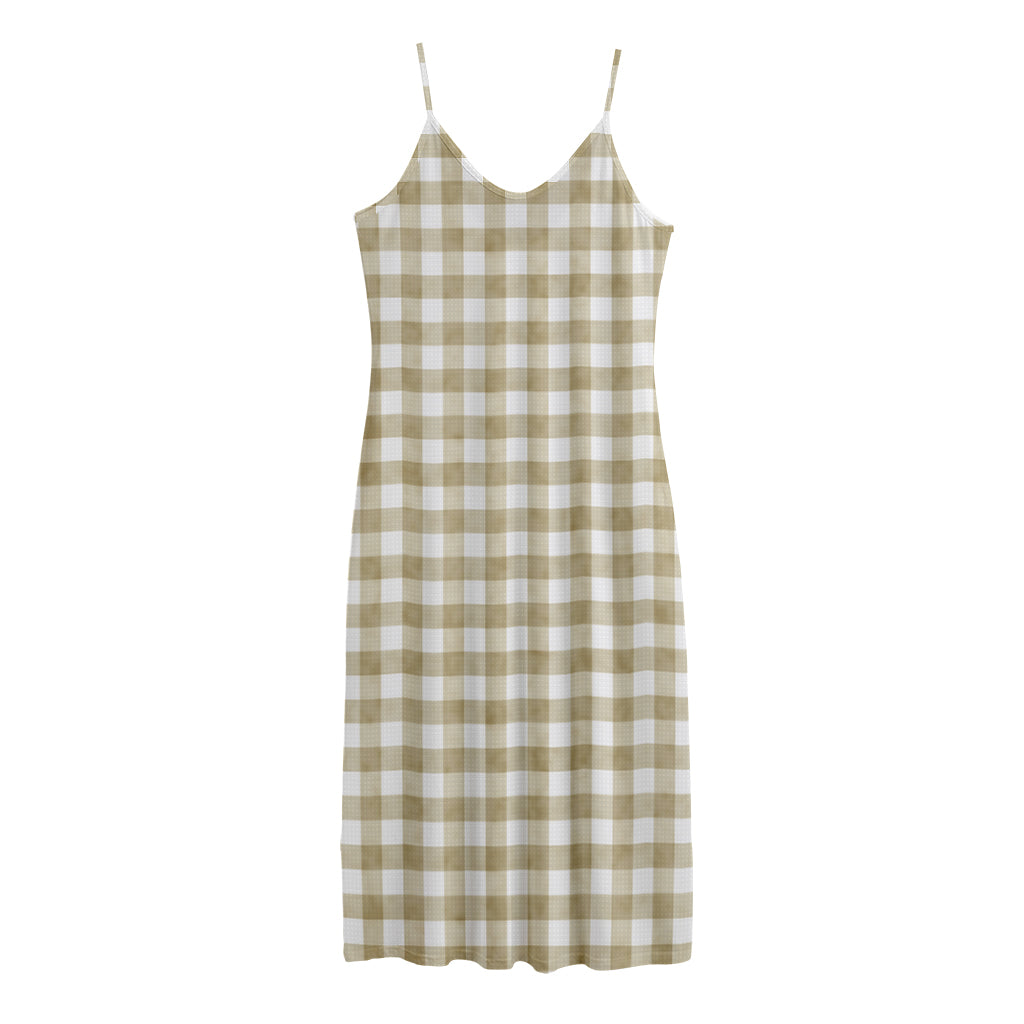 Beige And White Gingham Pattern Print Jersey Midi Cami Dress