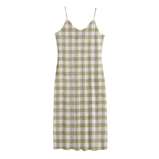 Beige And White Gingham Pattern Print Jersey Midi Cami Dress