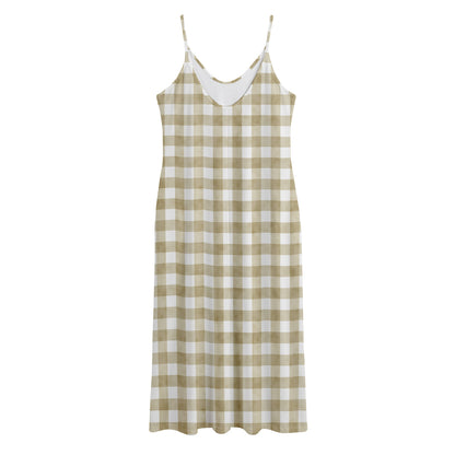 Beige And White Gingham Pattern Print Jersey Midi Cami Dress