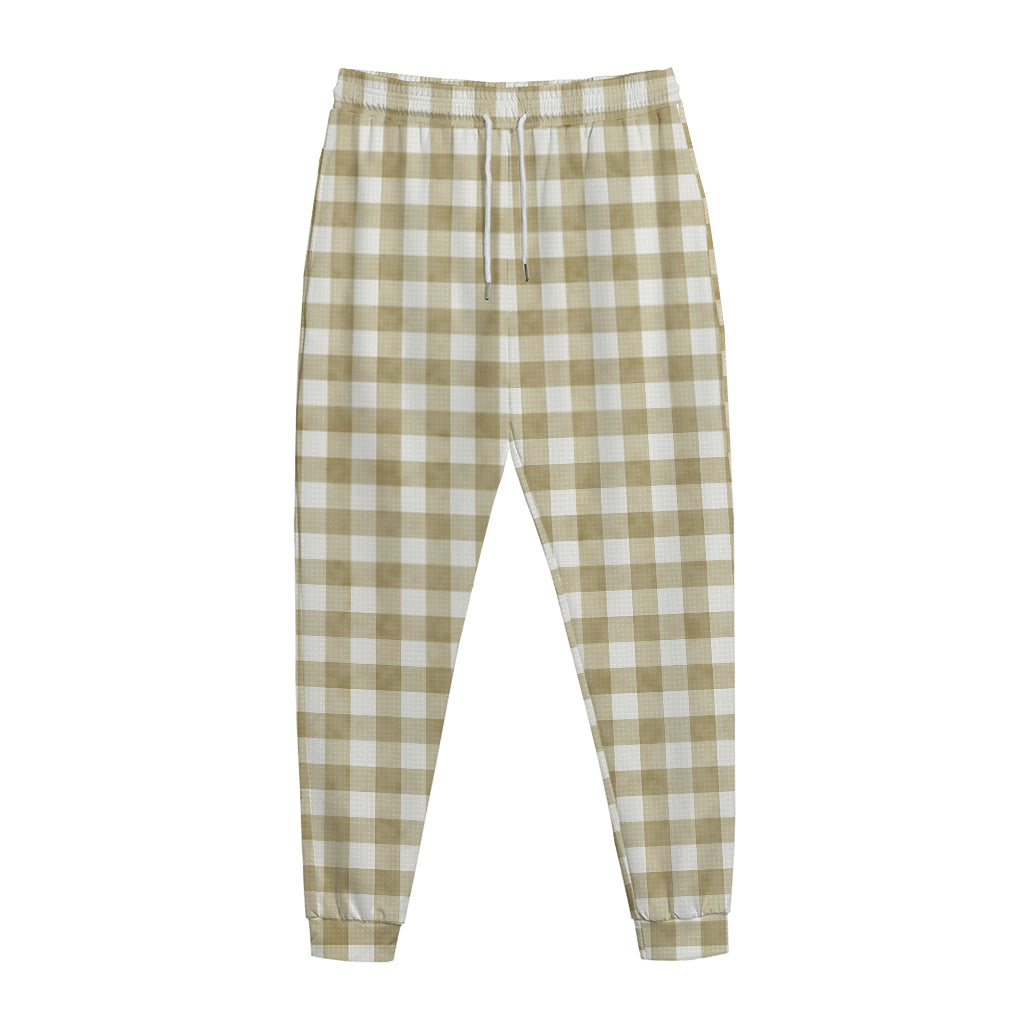 Beige And White Gingham Pattern Print Jogger Pants