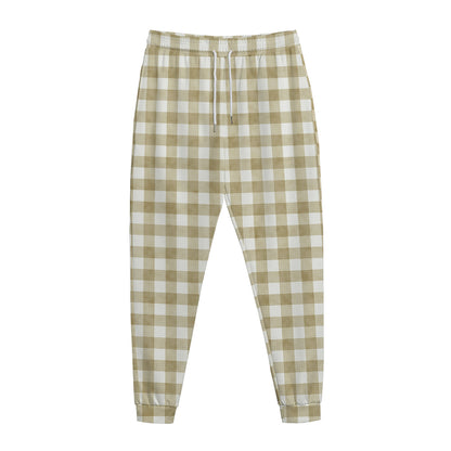 Beige And White Gingham Pattern Print Jogger Pants