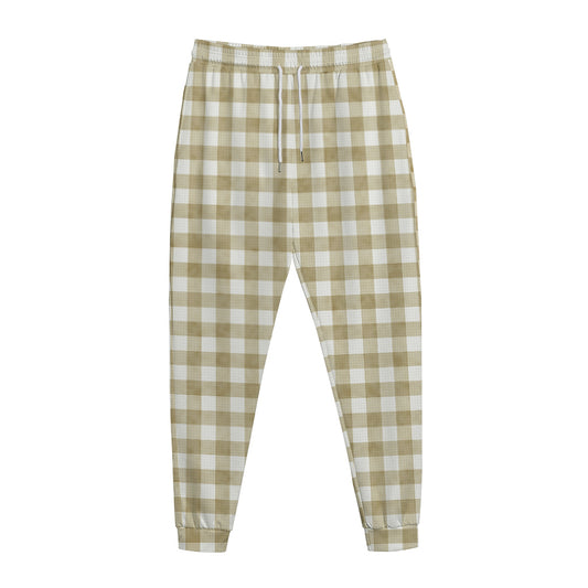 Beige And White Gingham Pattern Print Jogger Pants