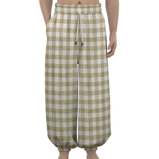 Beige And White Gingham Pattern Print Lantern Pants