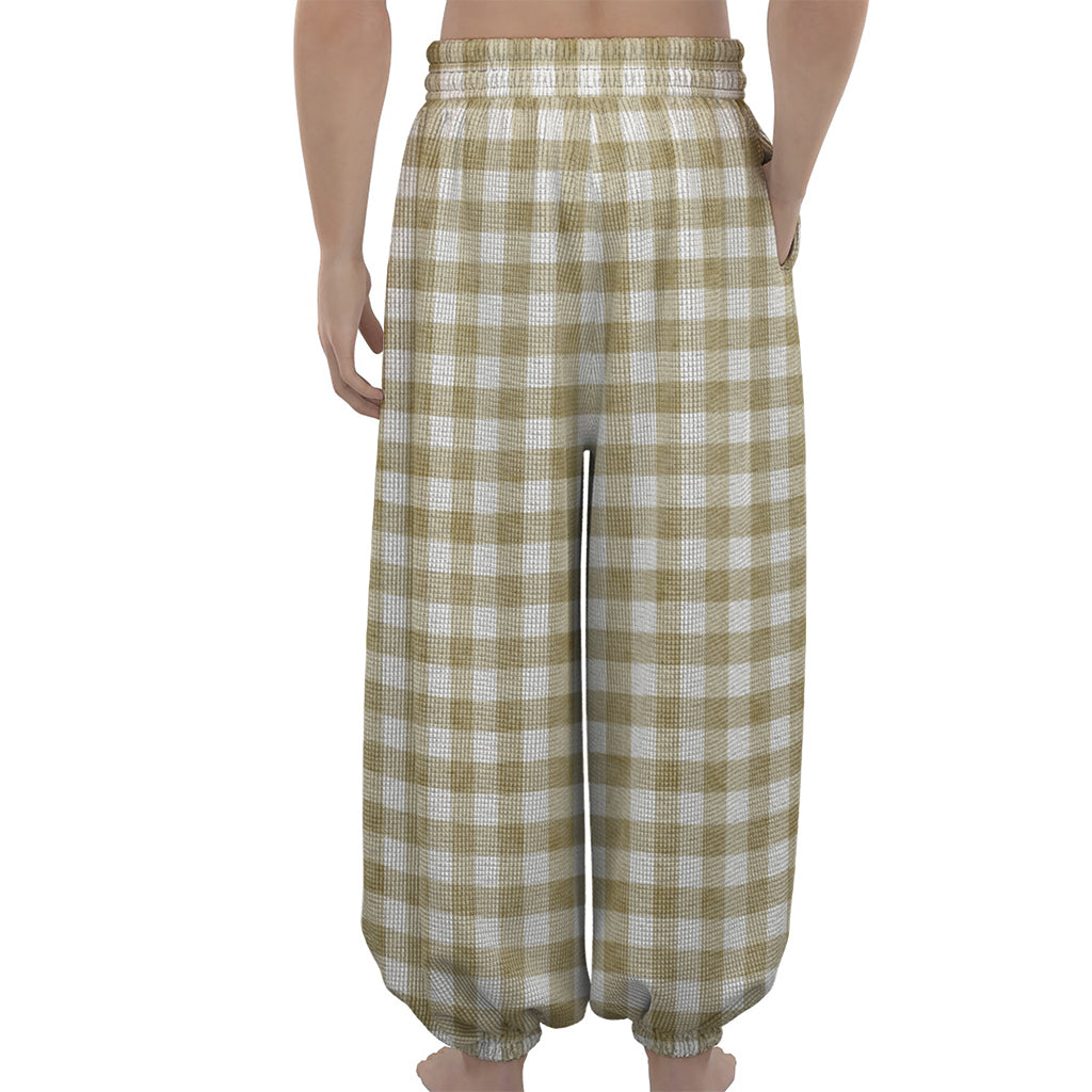 Beige And White Gingham Pattern Print Lantern Pants