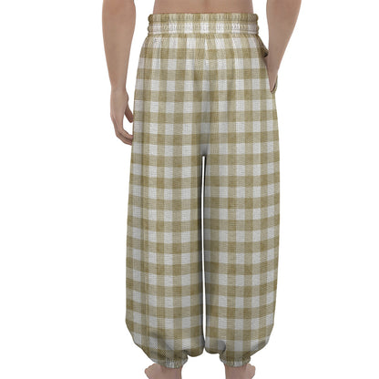 Beige And White Gingham Pattern Print Lantern Pants
