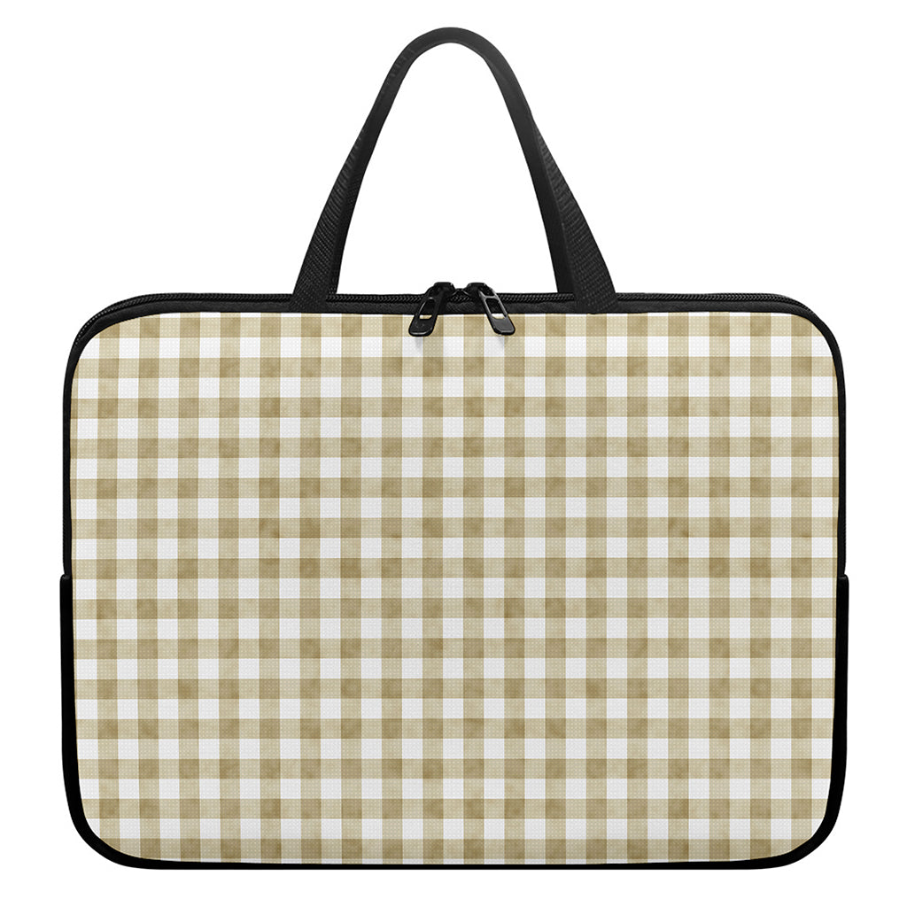 Beige And White Gingham Pattern Print Laptop Sleeve With Handle