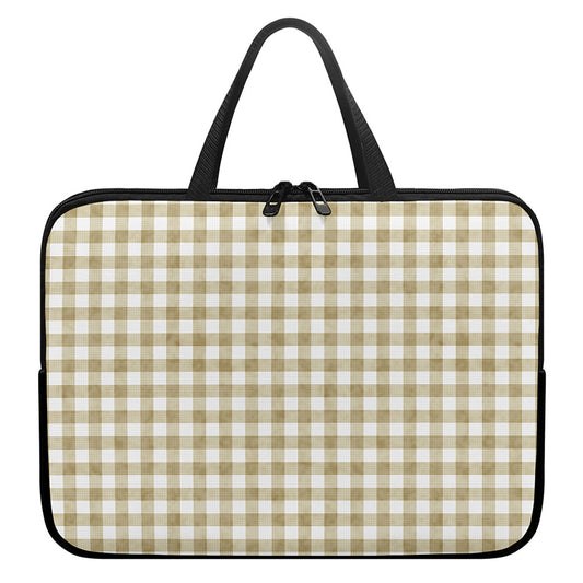 Beige And White Gingham Pattern Print Laptop Sleeve With Handle