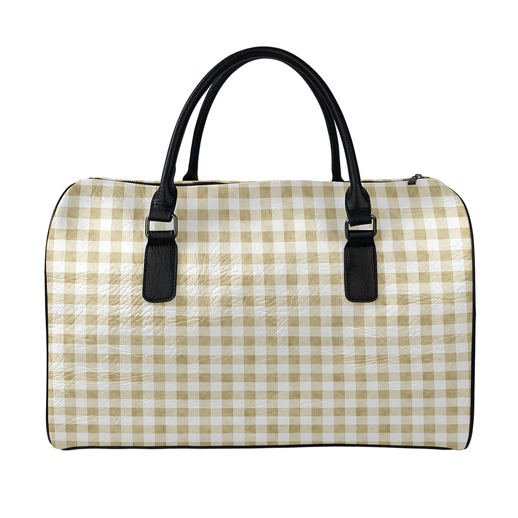 Beige And White Gingham Pattern Print Leather Duffle Bag