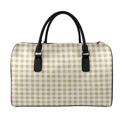 Beige And White Gingham Pattern Print Leather Duffle Bag